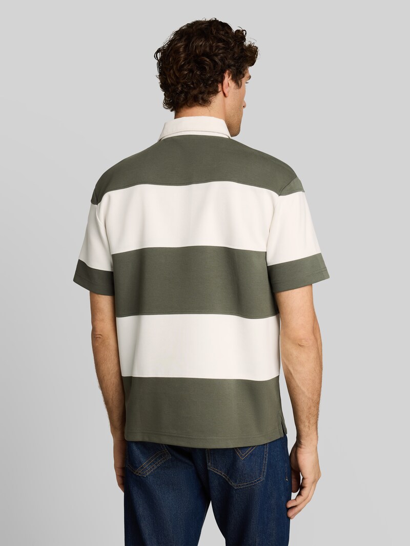 Tom Tailor Relaxed Fit Poloshirt mit Blockstreifen - Olive Green Gardenia Stripe