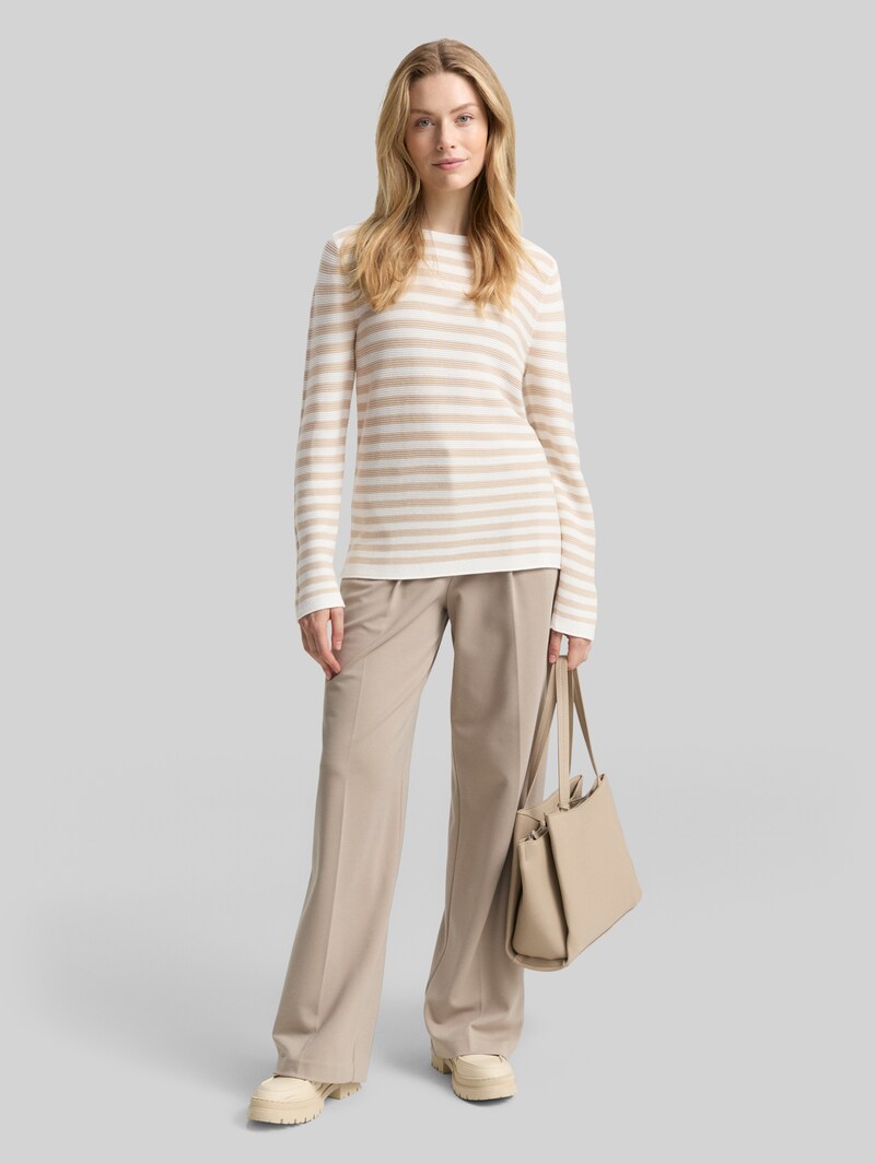 Tom Tailor Strickpullover aus Baumwolle - Sand Stone Offwhite Stripe