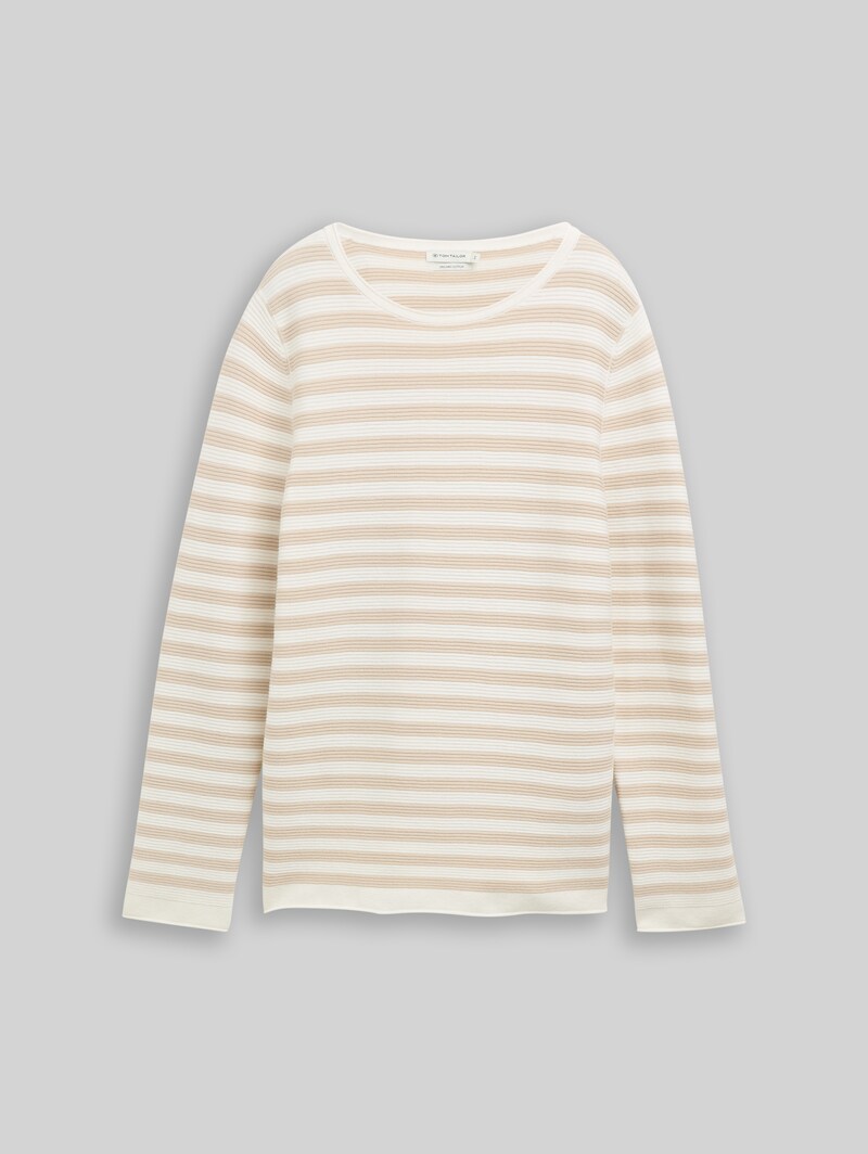 Tom Tailor Strickpullover aus Baumwolle - Sand Stone Offwhite Stripe