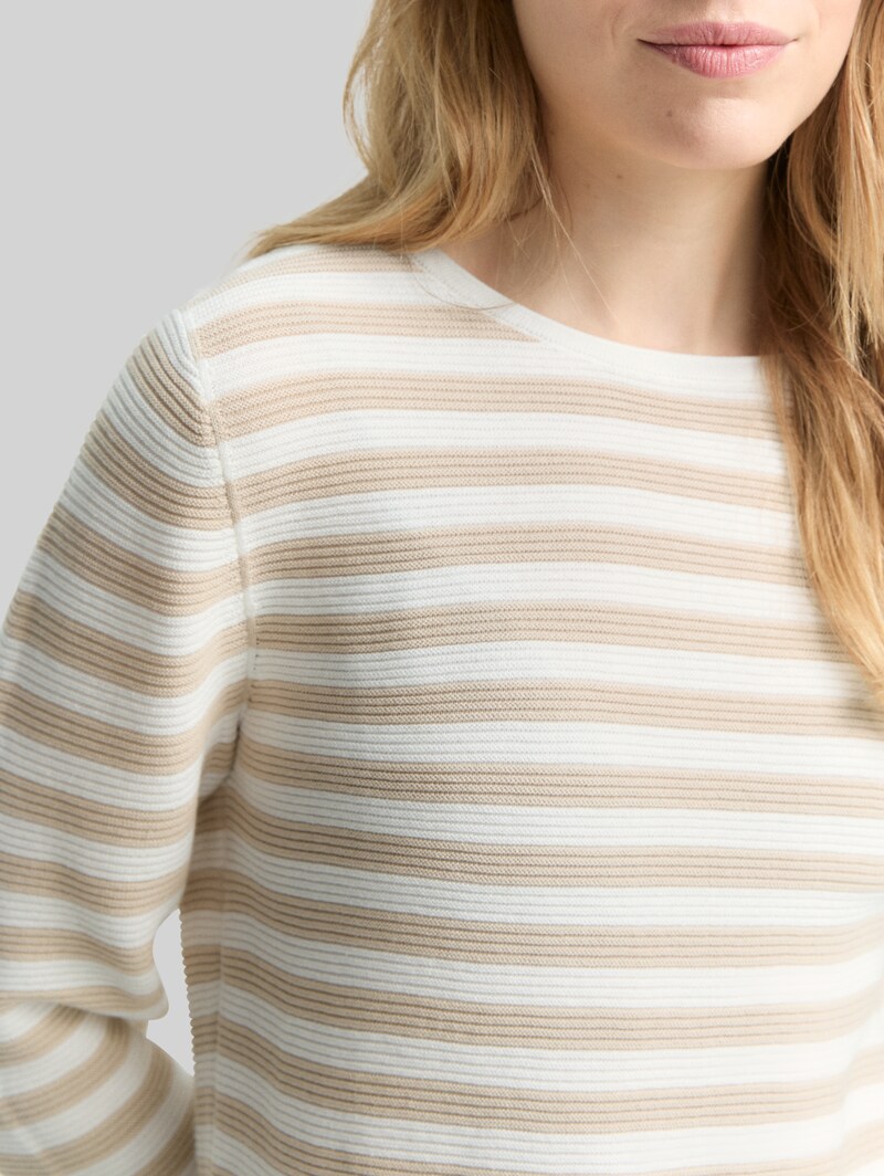 Tom Tailor Strickpullover aus Baumwolle - Sand Stone Offwhite Stripe