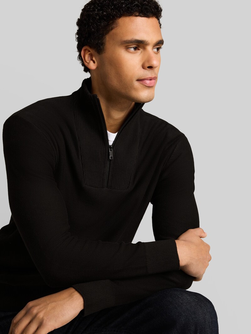 Tom Tailor Troyer Strickpullover aus Baumwolle - Black