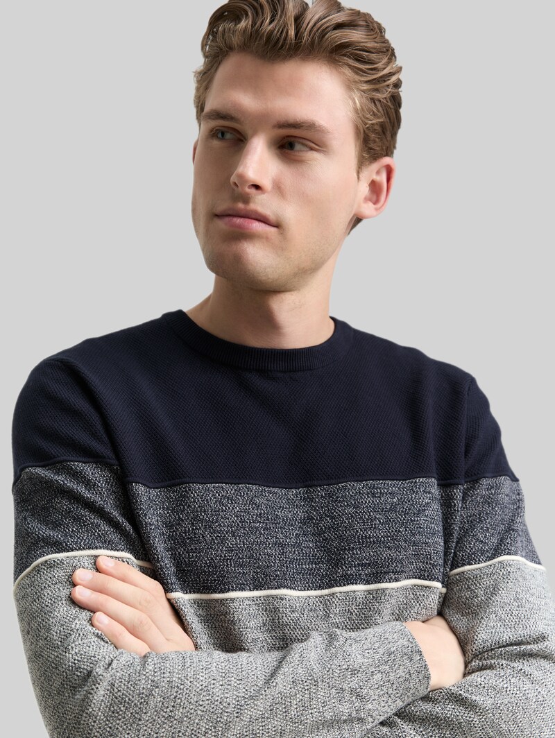 Tom Tailor Strickpullover mit Colour Blocking - Navy Offwhite White Stripe