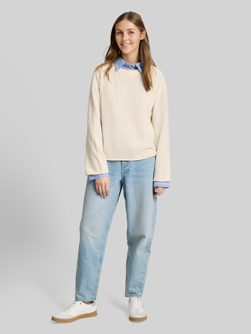 Tom Tailor Relaxed Fit Strickpullover mit U-Boot-Ausschnitt - Gardenia White