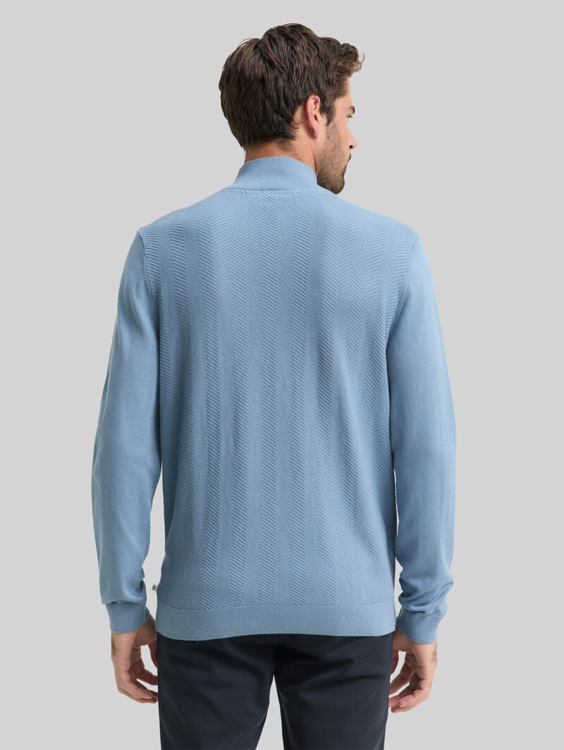 Tom Tailor Troyer Strickpullover mit Fischgrät-Struktur - Faded Denim Blue