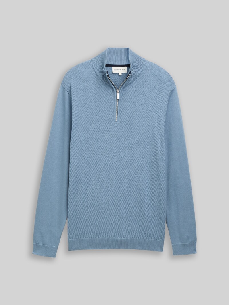 Tom Tailor Troyer Strickpullover mit Fischgrät-Struktur - Faded Denim Blue