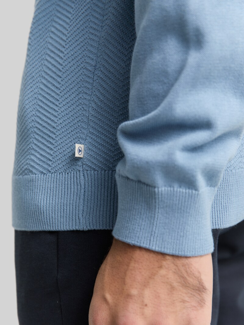 Tom Tailor Troyer Strickpullover mit Fischgrät-Struktur - Faded Denim Blue