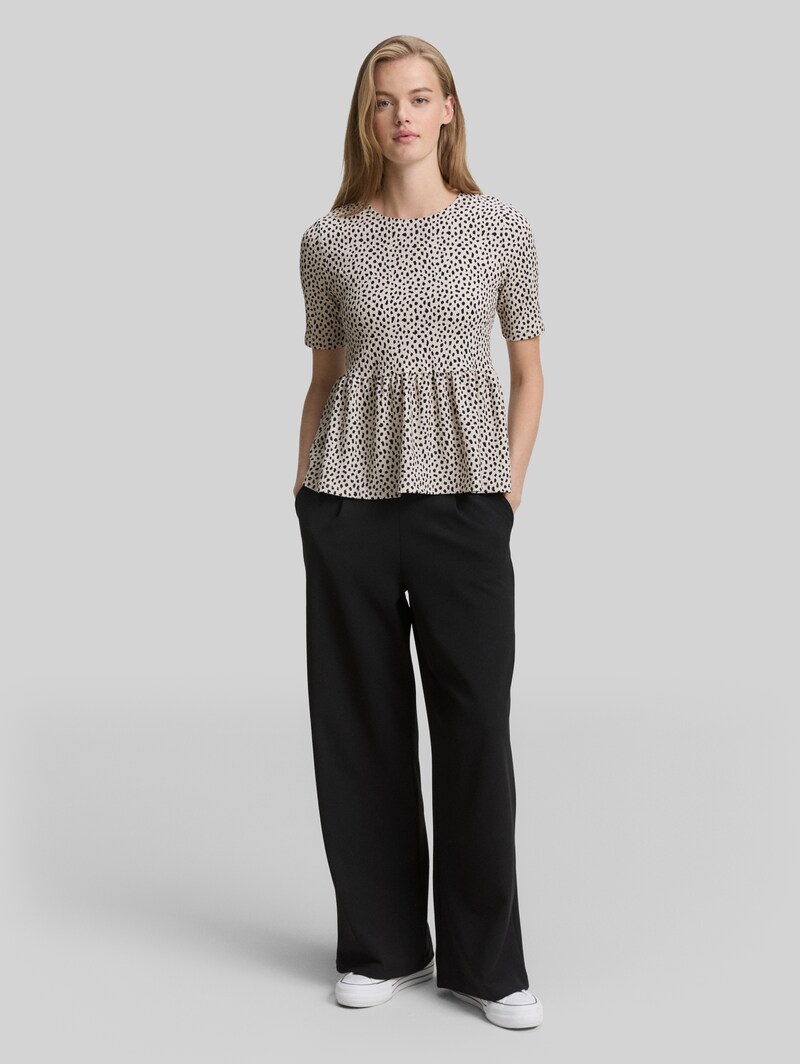 Tom Tailor Jacquard T-Shirt mit Peplum - Beige Black Dotted Print