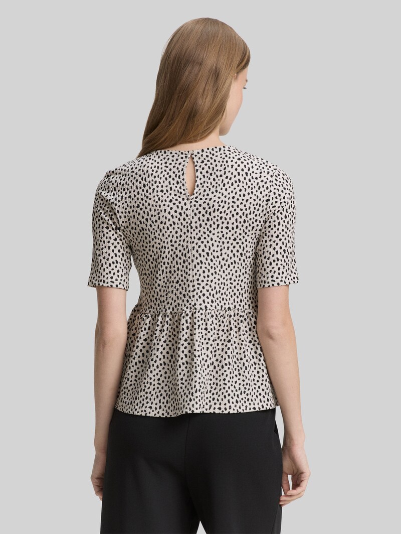 Tom Tailor Jacquard T-Shirt mit Peplum - Beige Black Dotted Print