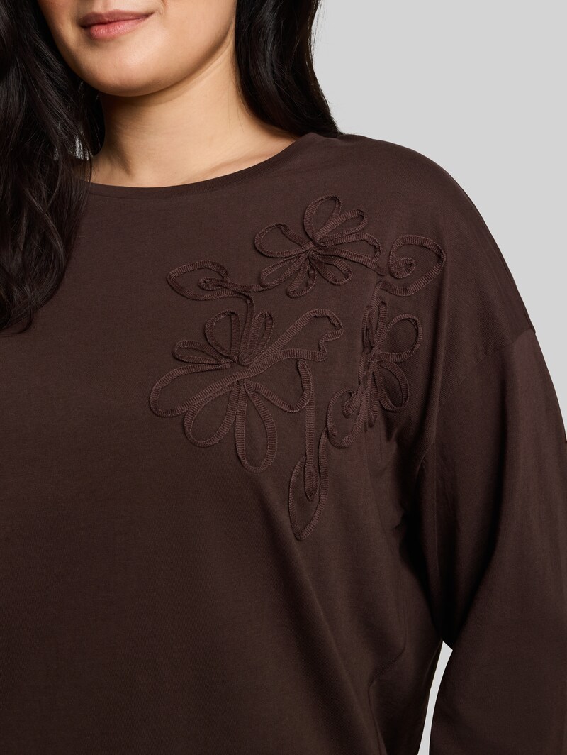 Tom Tailor Plus Size - Loose Fit T-Shirt mit Blumen-Applikation - Java Dark Brown