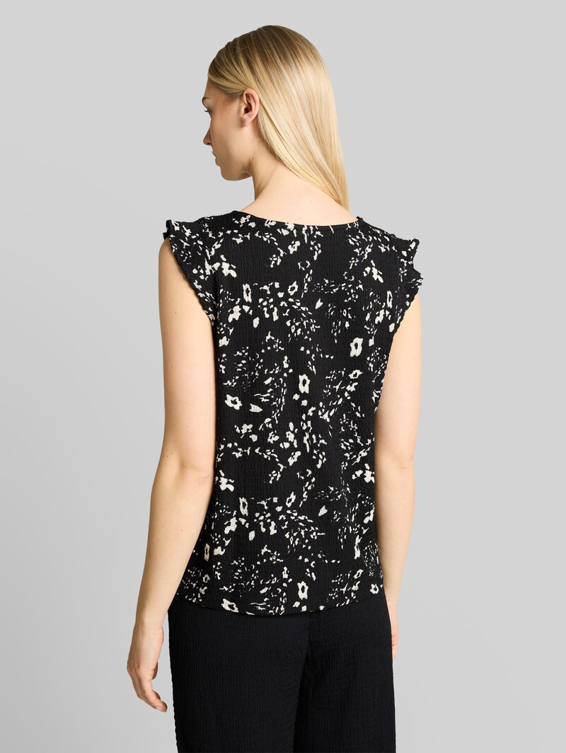 Tom Tailor Loose Fit Crinkle Top mit Volants - Black White Flower Print
