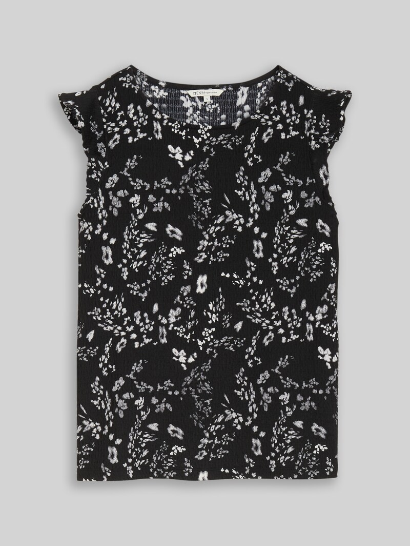 Tom Tailor Loose Fit Crinkle Top mit Volants - Black White Flower Print
