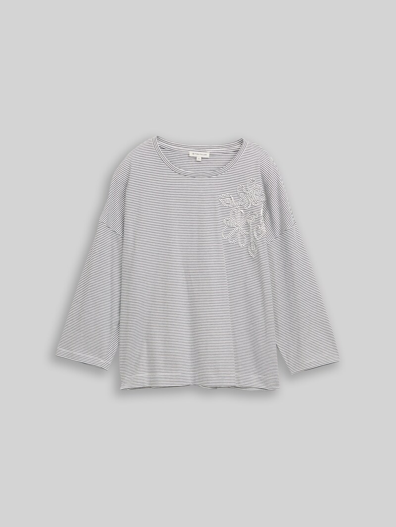 Tom Tailor Loose Fit T-Shirt mit Blumen-Applikation - Small White Navy Stripe