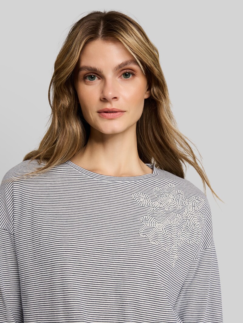 Tom Tailor Loose Fit T-Shirt mit Blumen-Applikation - Small White Navy Stripe