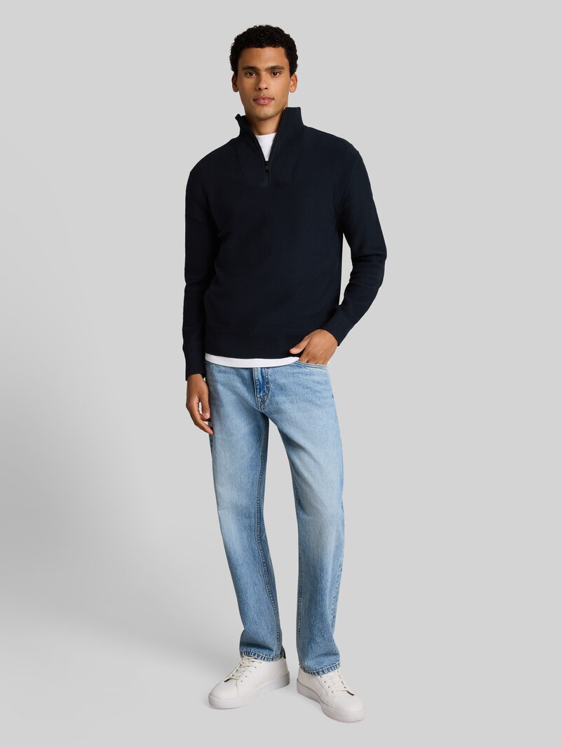 Tom Tailor Troyer Strickpullover aus Baumwolle - Sky Captain Blue