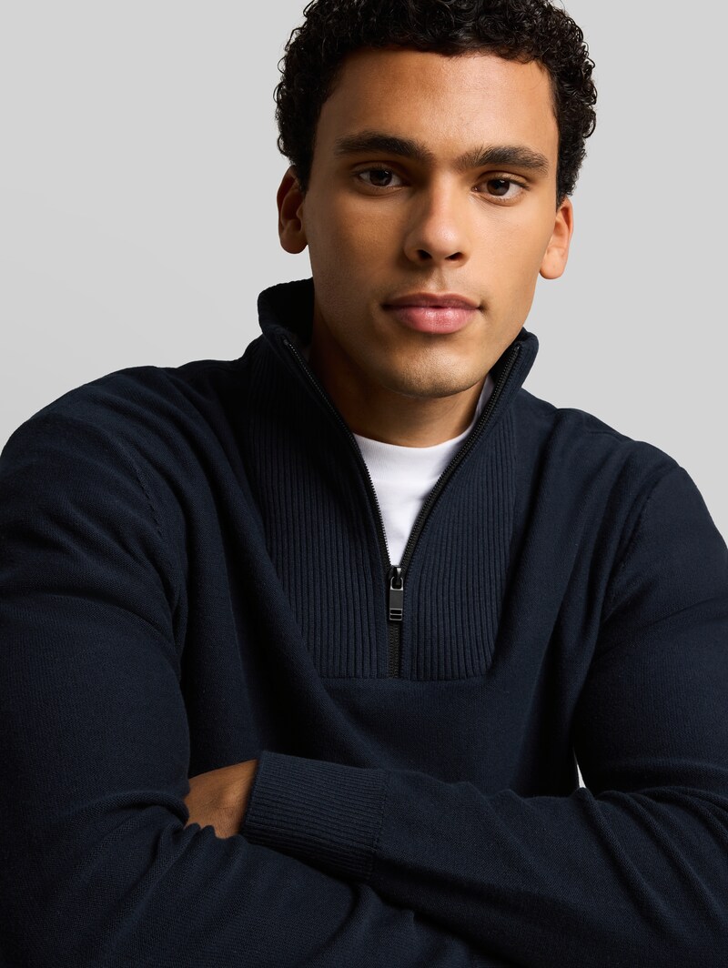 Tom Tailor Troyer Strickpullover aus Baumwolle - Sky Captain Blue