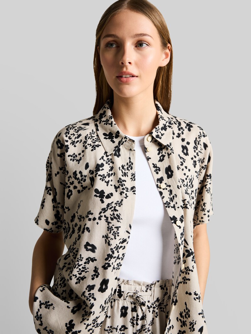 Tom Tailor Boxy Fit Bluse mit Leinenanteil - Beige Black Flower Print