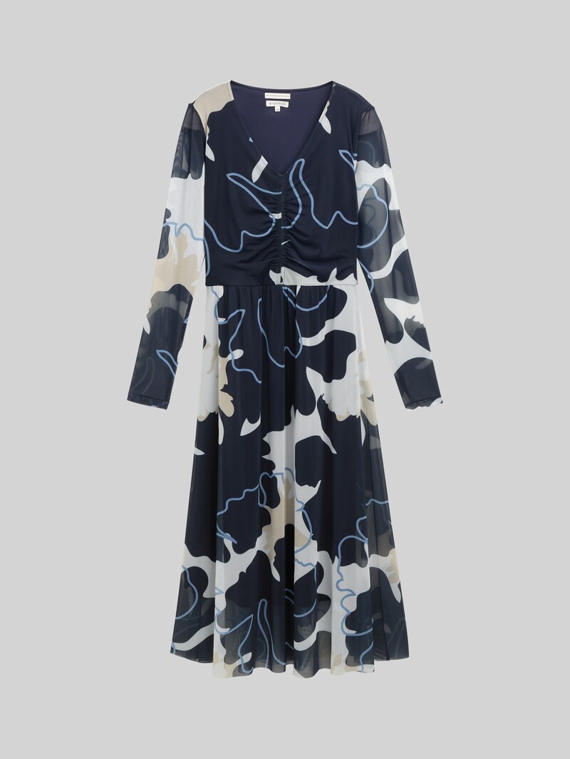 Tom Tailor Midi-Meshkleid mit Raffungen - Big Floral Shapes Design