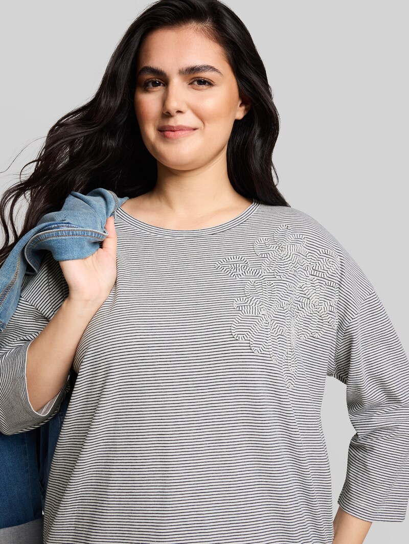 Tom Tailor Plus Size - Loose Fit T-Shirt mit Blumen-Applikation - Small White Navy Stripe
