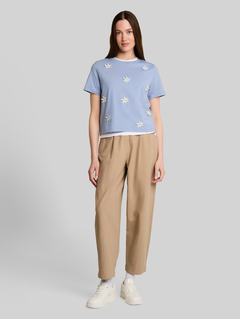 Tom Tailor Loose Fit T-Shirt mit Häkelblumen-Applikationen - Foggy Sky Blue
