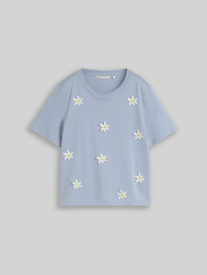 Tom Tailor Loose Fit T-Shirt mit Häkelblumen-Applikationen - Foggy Sky Blue