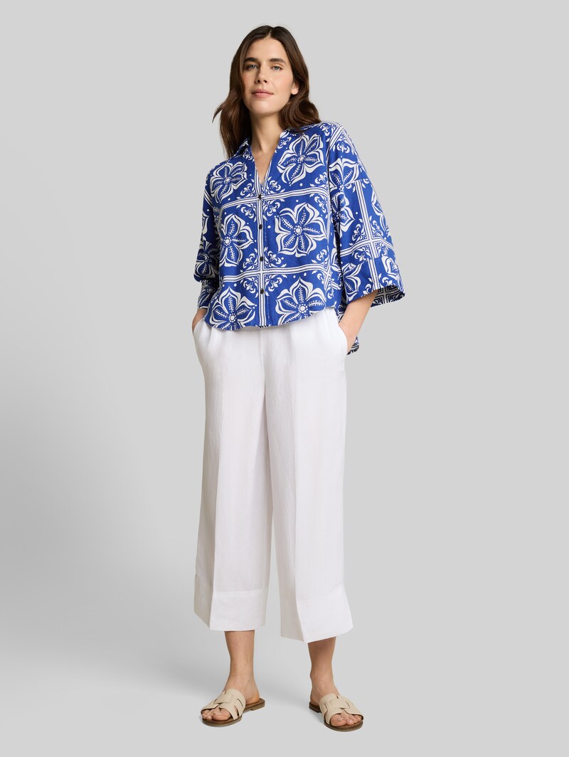 Tom Tailor Oversize Bluse mit Leinenanteil - Blue Flower Tile Design