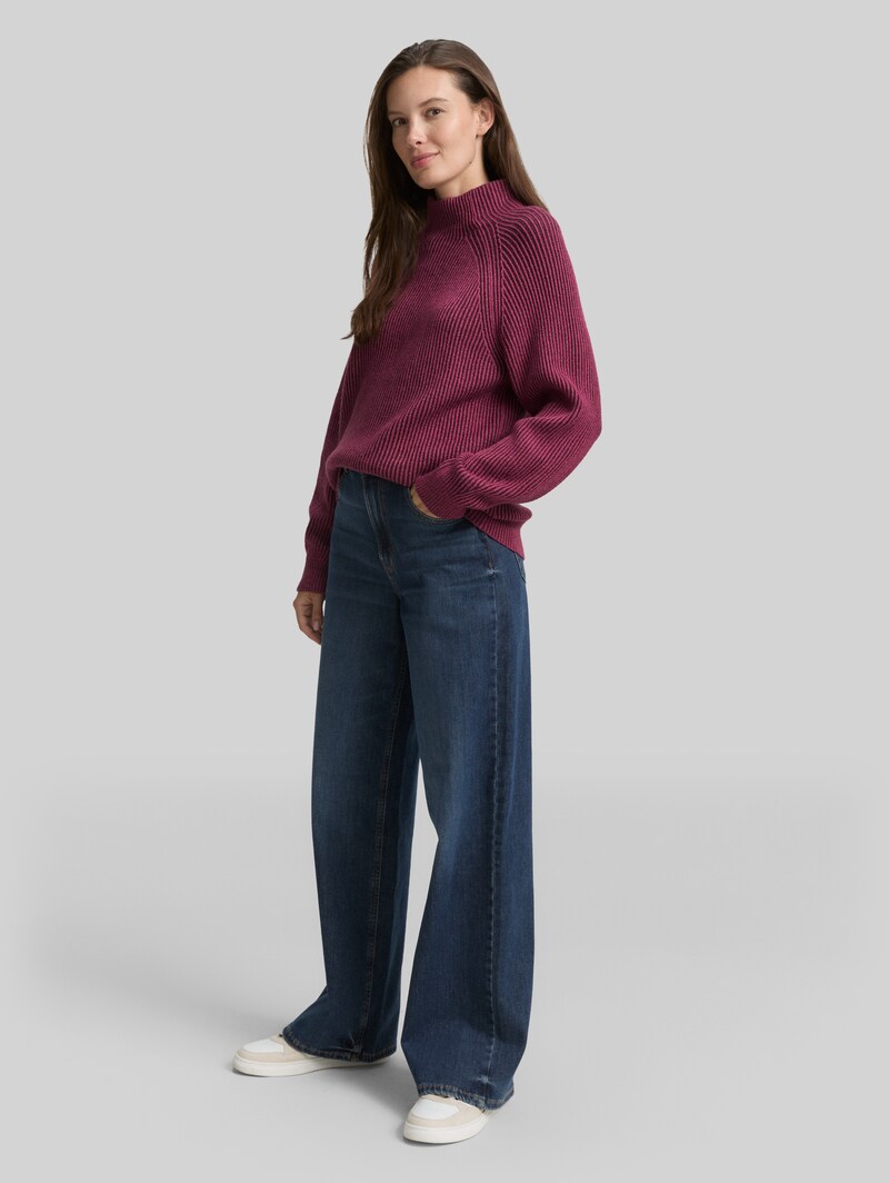Tom Tailor Loose Fit Strickpullover mit Stehkragen - Red Rib Structure