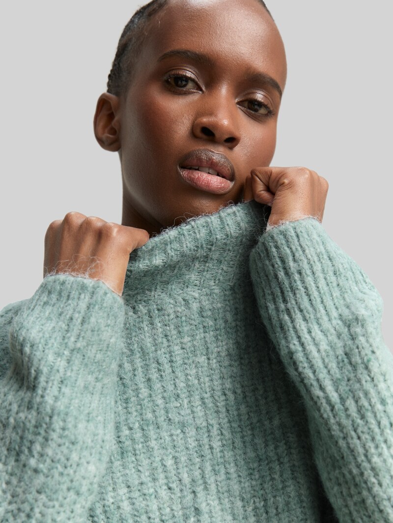 Tom Tailor Relaxed Fit Strickpullover mit Stehkragen - Silver Cloud Blue Melange