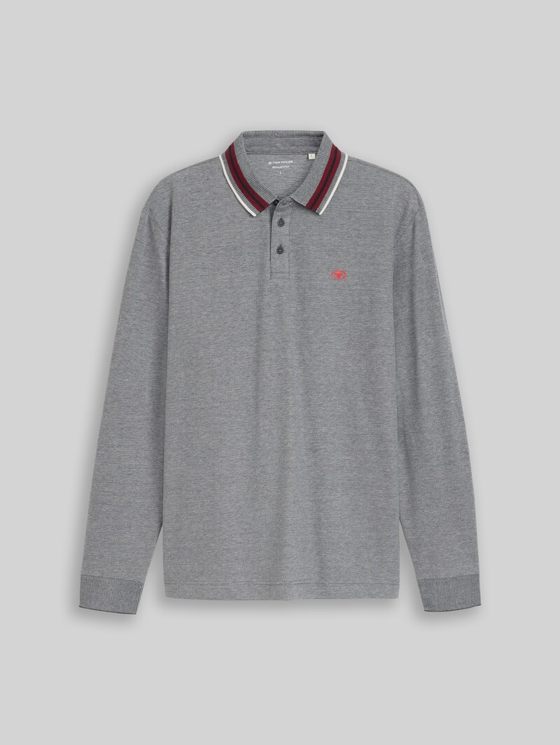 Tom Tailor Langarm Piqué Poloshirt mit Logo-Print - Navy White Two Tone Pique
