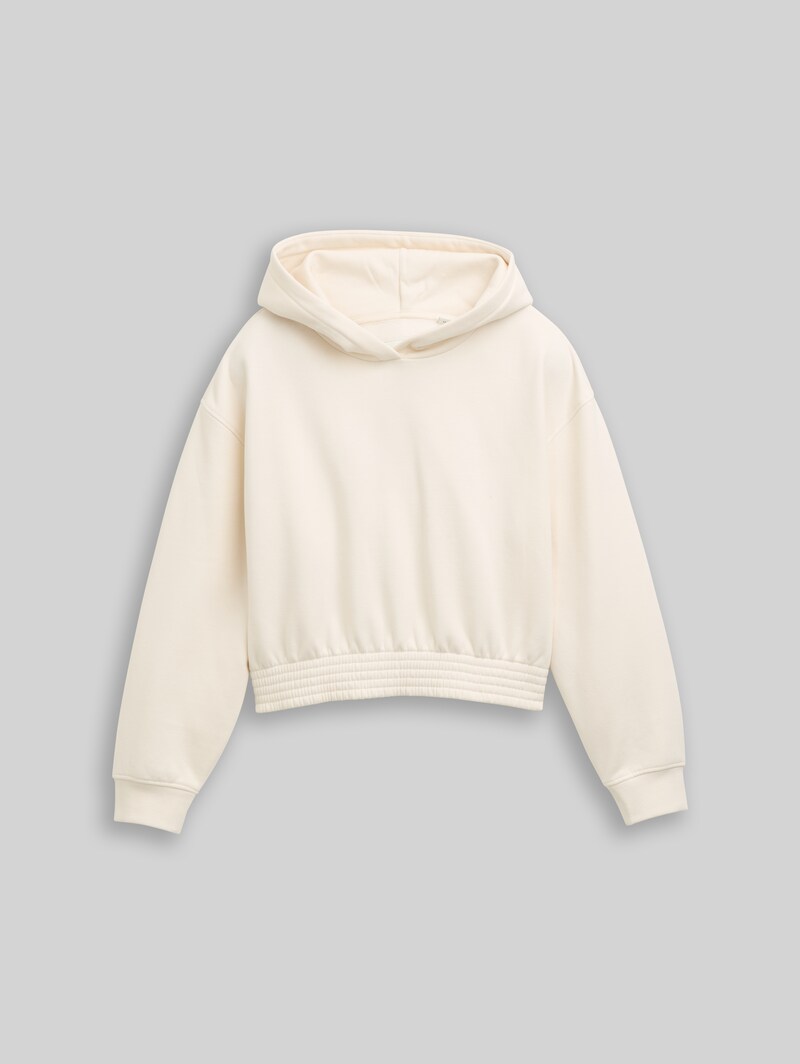 Tom Tailor Cropped Hoodie Sweatshirt mit Print - Gardenia White