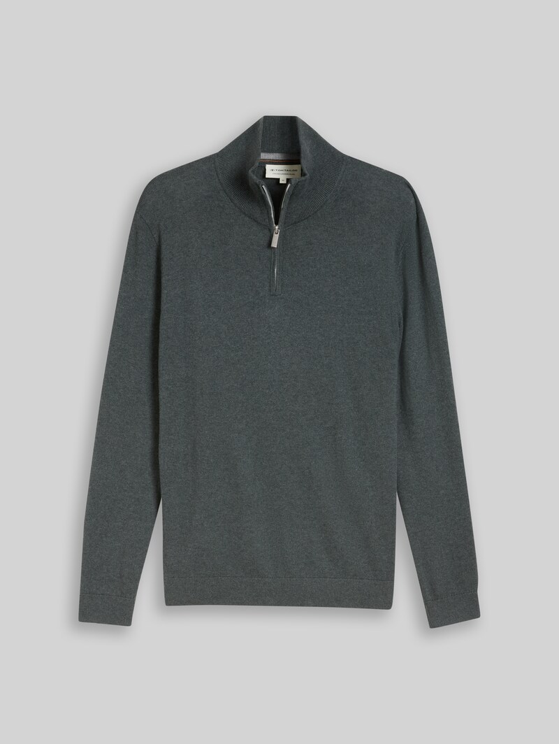 Tom Tailor Troyer Strickpullover mit Kaschmir-Anteil - Darkest Olive Melange