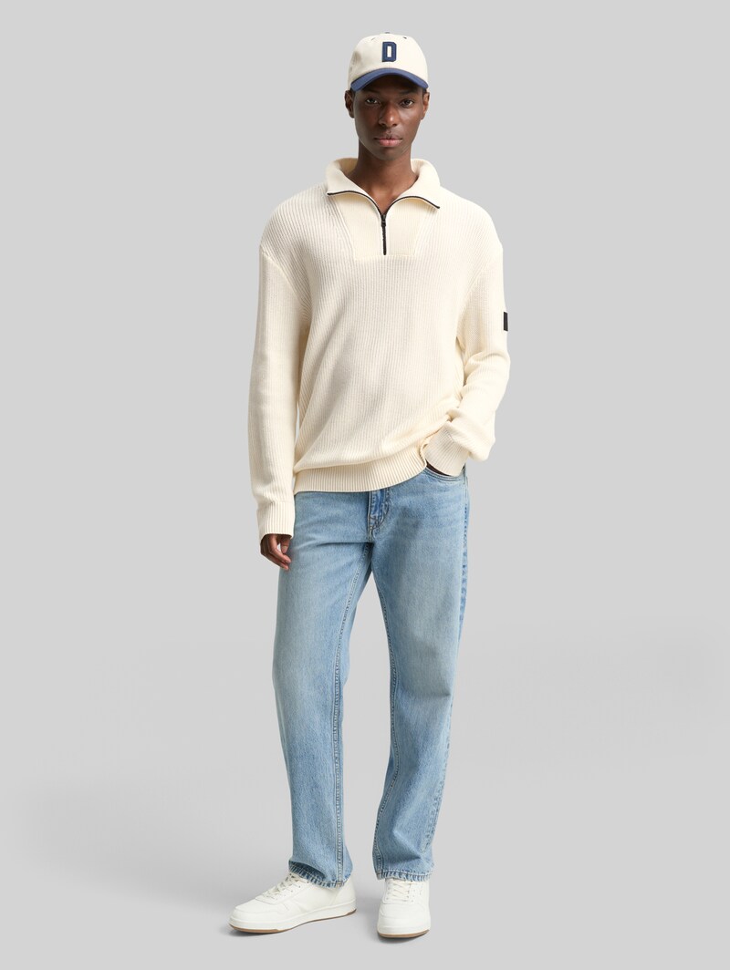 Tom Tailor Relaxed Fit Troyer Strickpullover - Wool White