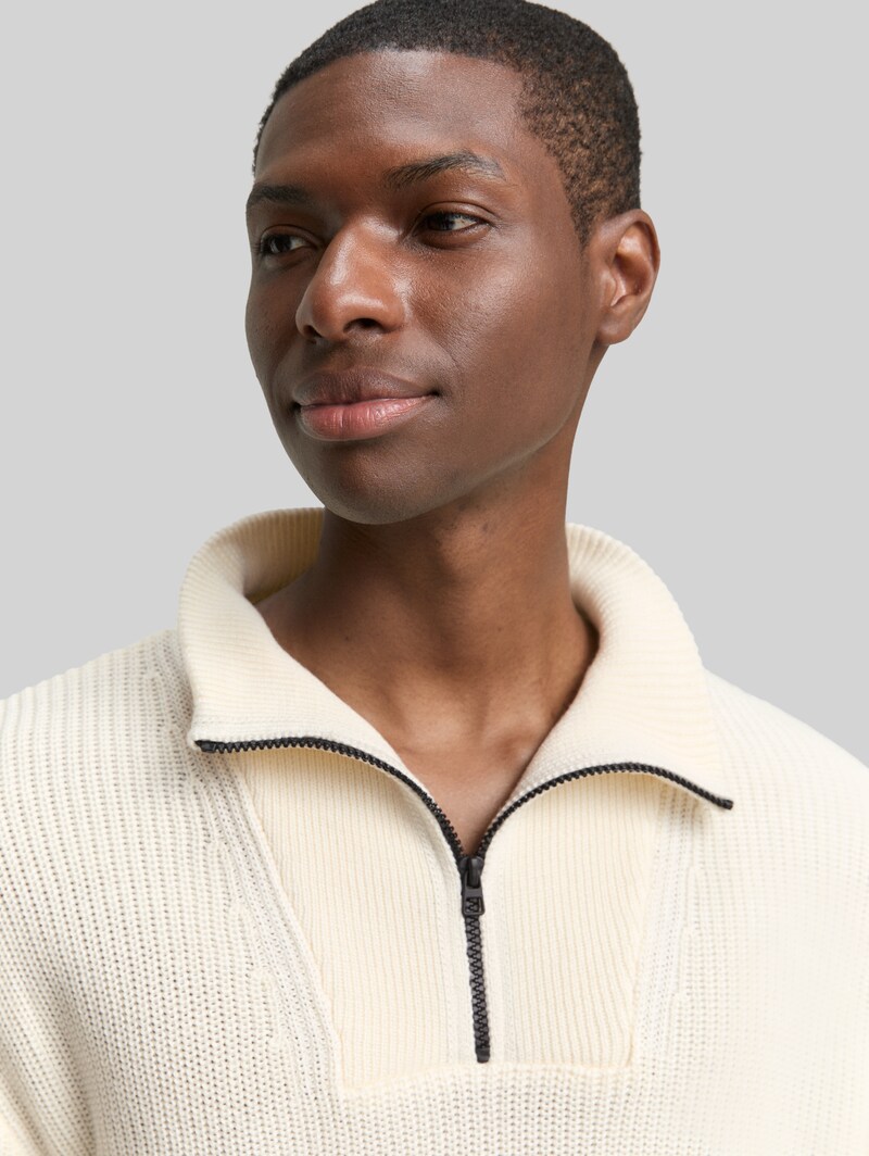 Tom Tailor Relaxed Fit Troyer Strickpullover - Wool White