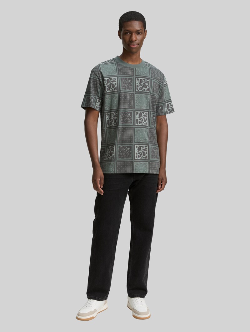 Tom Tailor Relaxed Fit T-Shirt mit Muster - Grey Green Patchwork Print