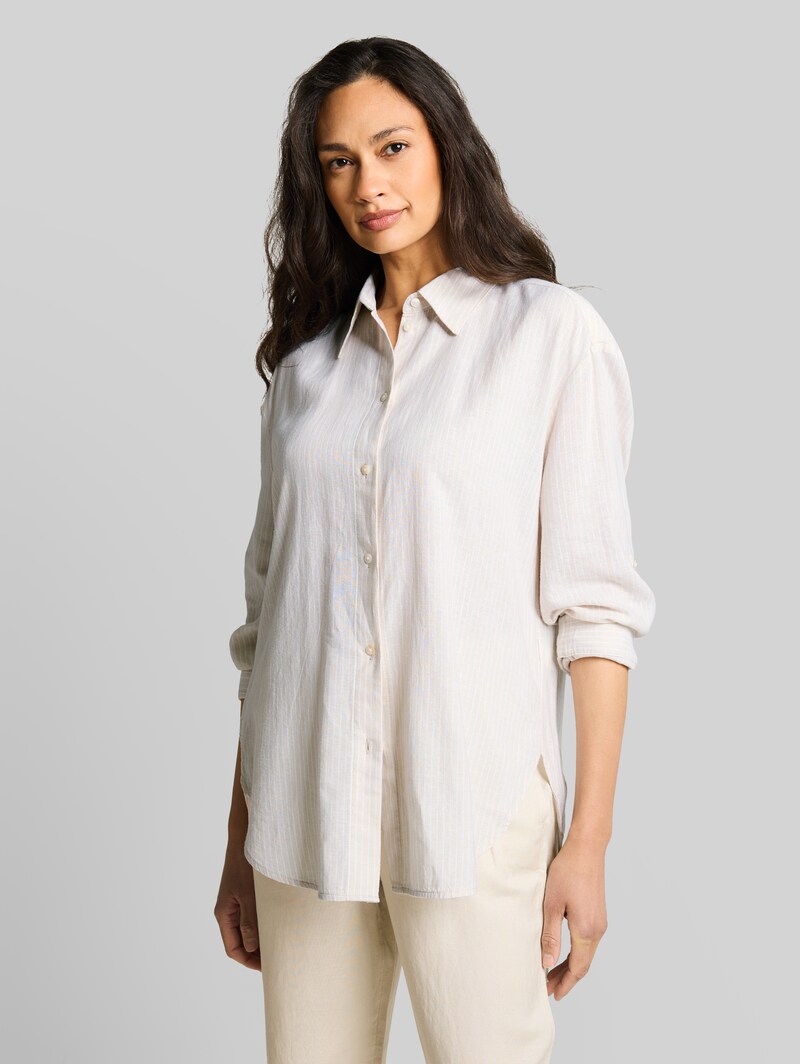 Tom Tailor Oversize Hemdbluse mit Leinenanteil - Taupe White Irregular Stripe