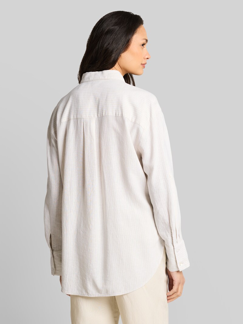 Tom Tailor Oversize Hemdbluse mit Leinenanteil - Taupe White Irregular Stripe
