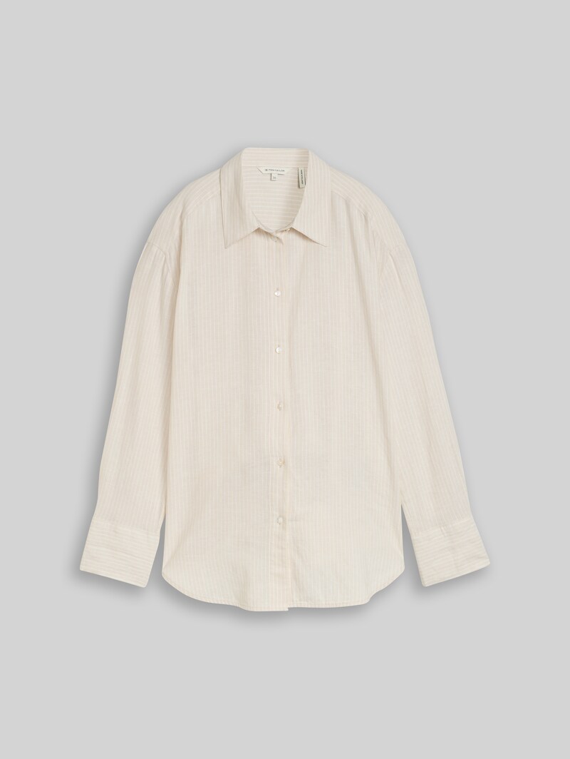 Tom Tailor Oversize Hemdbluse mit Leinenanteil - Taupe White Irregular Stripe