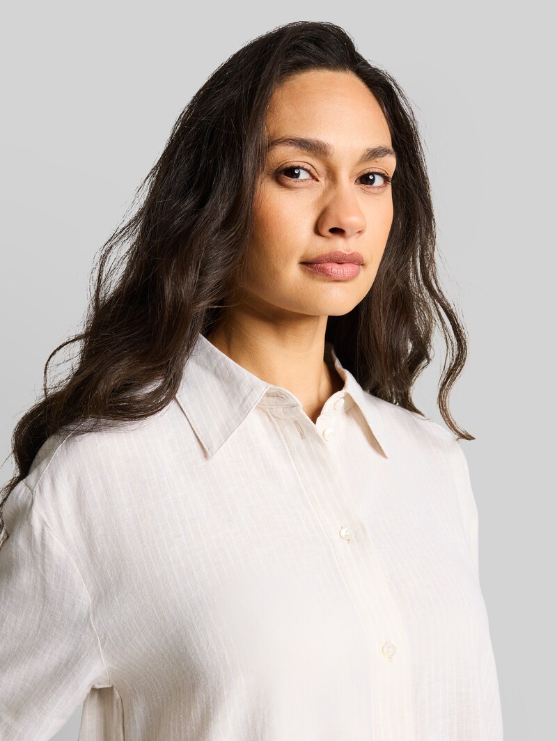 Tom Tailor Oversize Hemdbluse mit Leinenanteil - Taupe White Irregular Stripe