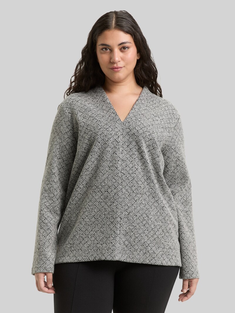 Tom Tailor Plus Size - Sweatshirt mit V-Ausschnitt - Black White Argyle Structure Tom Tailor Plus Size - Sweatshirt mit V-Ausschnitt - Black White Argyle Structure