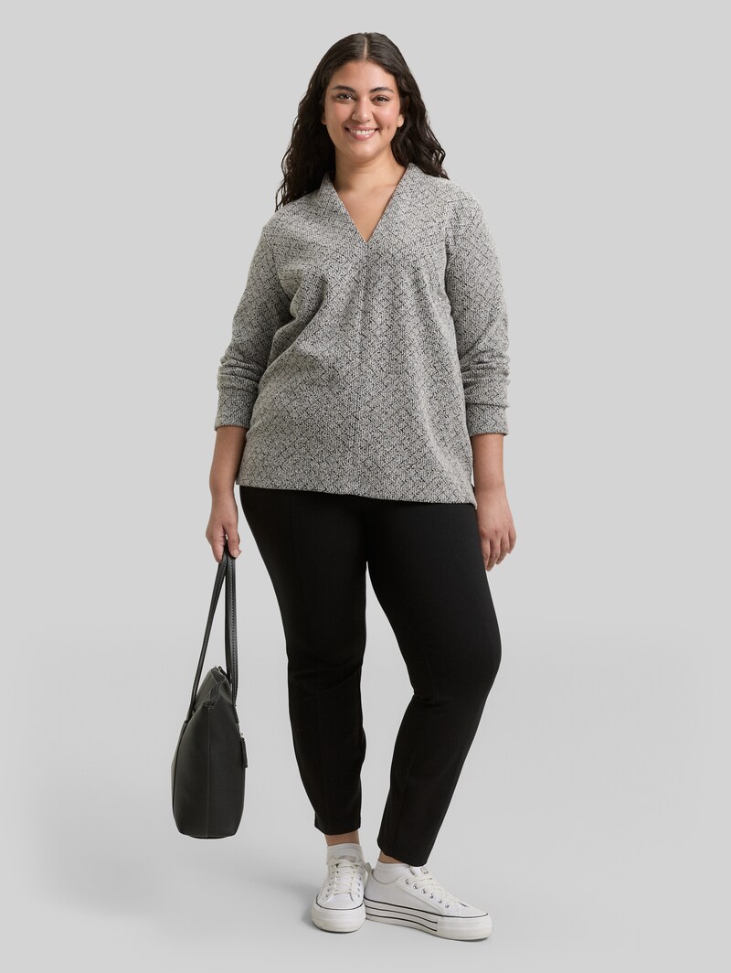 Tom Tailor Plus Size - Sweatshirt mit V-Ausschnitt - Black White Argyle Structure