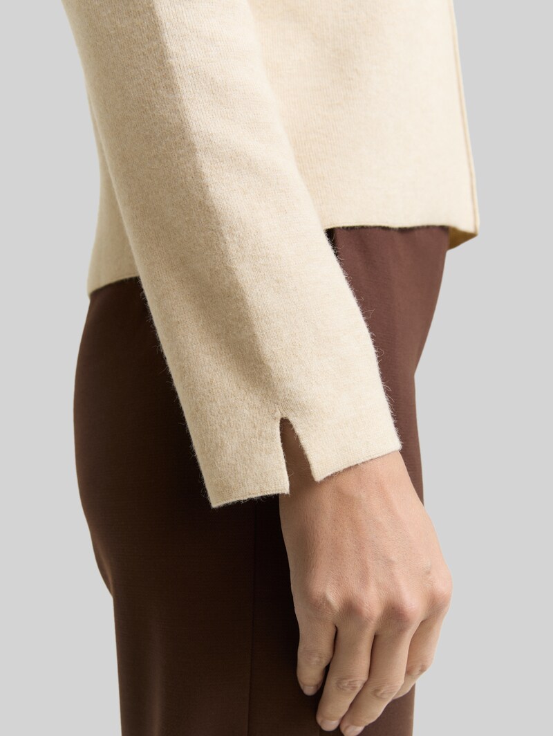 Tom Tailor Cropped Strickpullover mit Stehkragen - Sand Stone Beige Melange