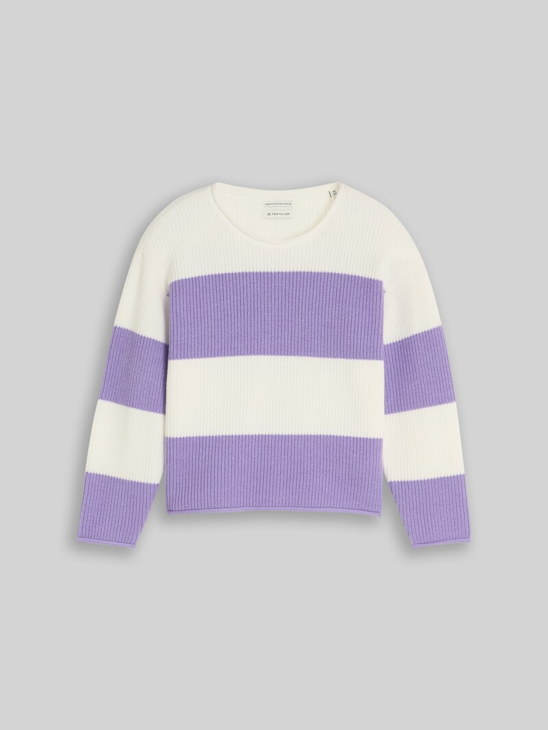 Tom Tailor Cropped Strickpullover mit Streifenmuster - Purple White Block Stripe