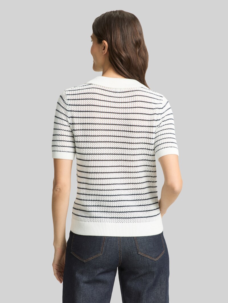 Tom Tailor Strickpullover mit Polokragen - White Navy Structure Stripe