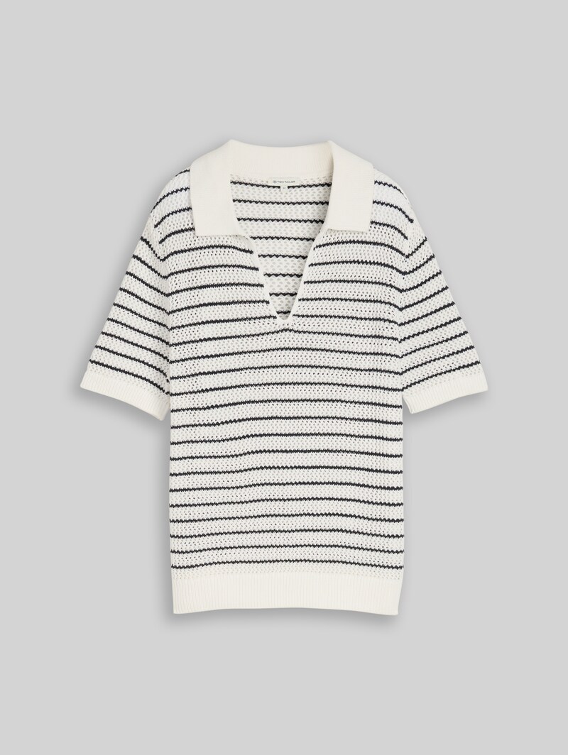 Tom Tailor Strickpullover mit Polokragen - White Navy Structure Stripe
