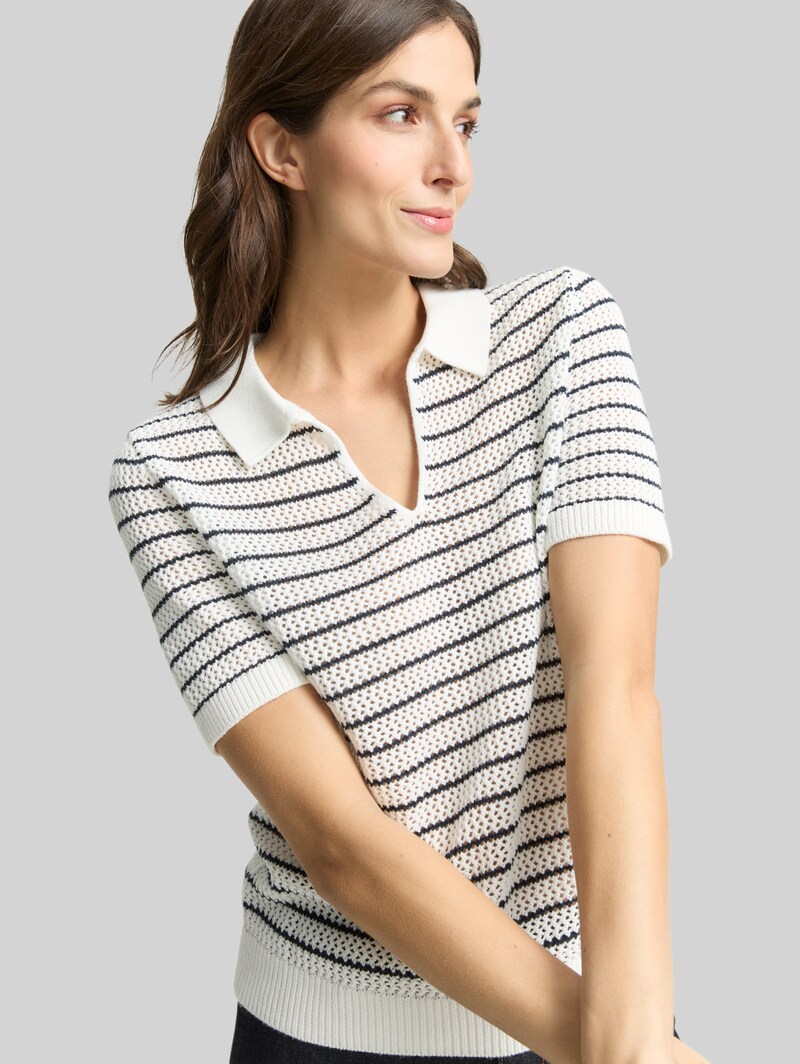 Tom Tailor Strickpullover mit Polokragen - White Navy Structure Stripe