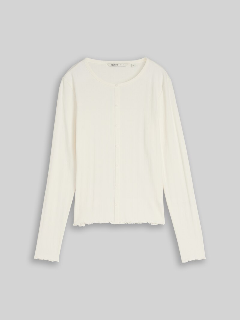 Tom Tailor Pointelle Langarmshirt mit Deko-Knopfleiste - Off White