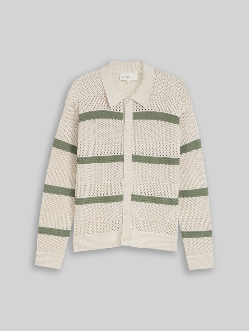 Tom Tailor Relaxed Fit Strickjacke mit Lochmuster - Sea Spray White Color Block