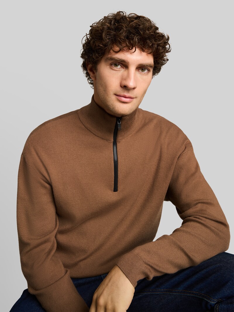 Tom Tailor Relaxed Fit Troyer Strickpullover - Malt Brown