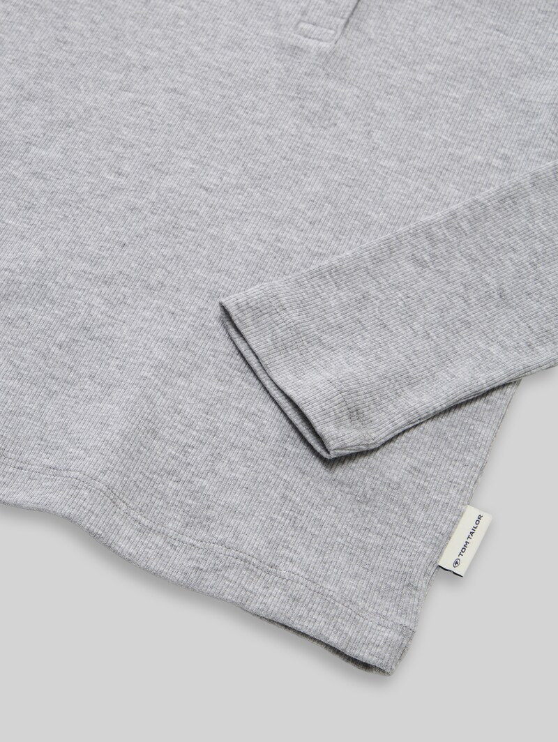 Tom Tailor Henley Langarmshirt mit Rippstruktur - Light Stone Grey Melange