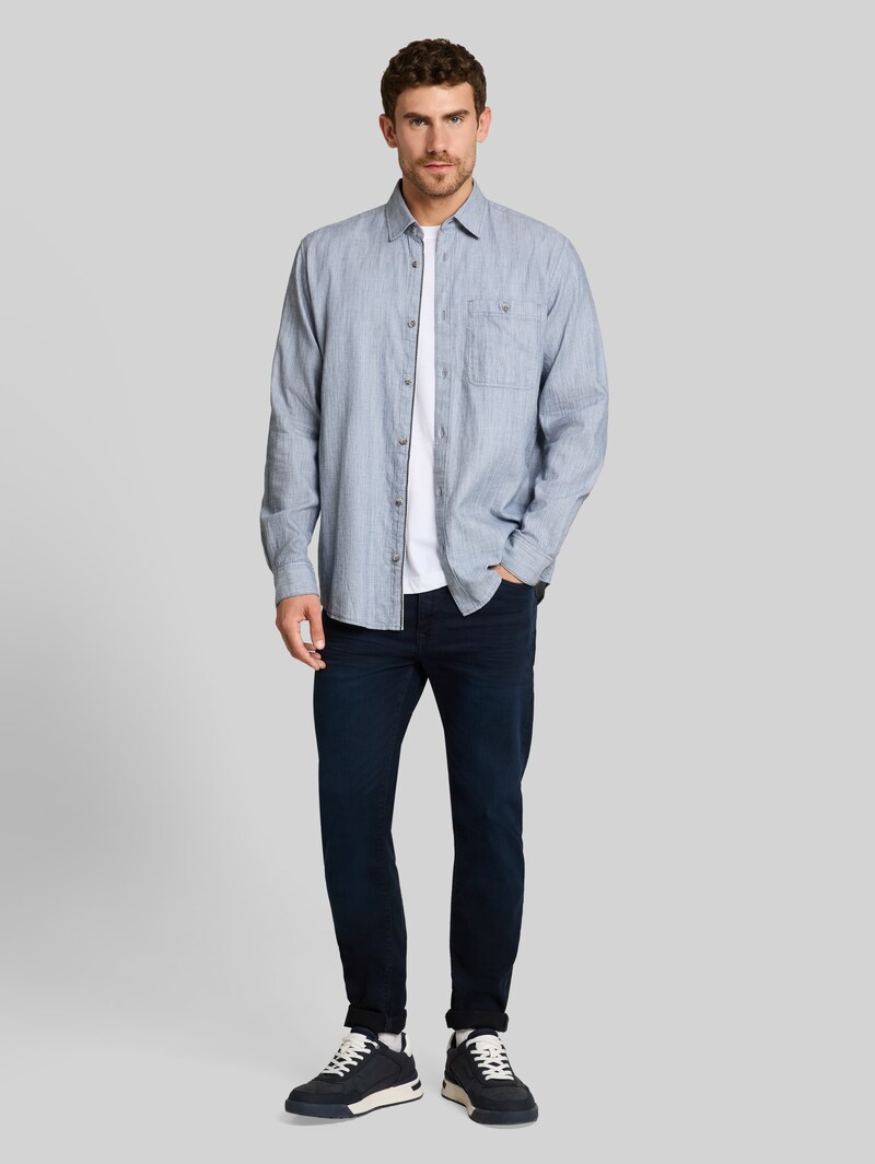 Tom Tailor Regular Fit Hemd mit Brusttasche - White Dark Blue Structure