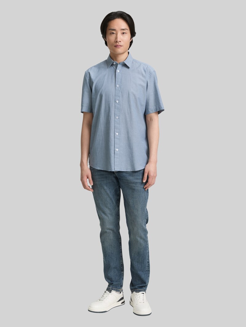 Tom Tailor Regular Fit Kurzarmhemd aus Baumwolle - Real Teal Blue Chambray